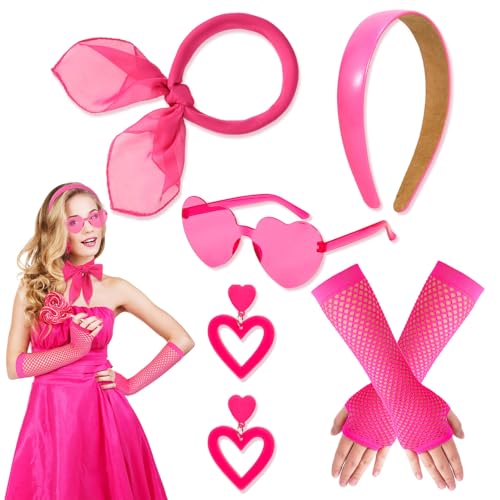 HOWAF Disfraz Años 80 Mujer, Diadema Rosa Diademas Niña Mujer Bufanda Rosa Pendientes Corazón Gafas Corazon Rosa Guantes para Disfraz Años 70 Disfraz Años 80 Disfraz Halloween Pink Costume Accessories