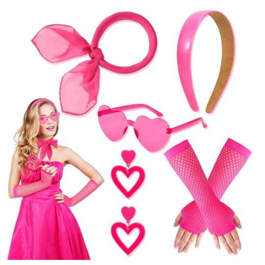HOWAF Disfraz Años 80 Mujer, Diadema Rosa Diademas Niña Mujer Bufanda Rosa Pendientes Corazón Gafas Corazon Rosa Guantes para Disfraz Años 70 Disfraz Años 80 Disfraz Halloween Pink Costume Accessories