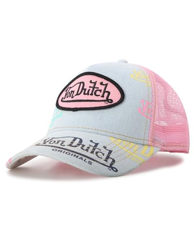Von Dutch Monogram Trucker Cap - Retro Snapback Cap for Men and Women - Adjustable Snap Fit Panel Mesh Rear Curved Bill Size One Size Pink Tint