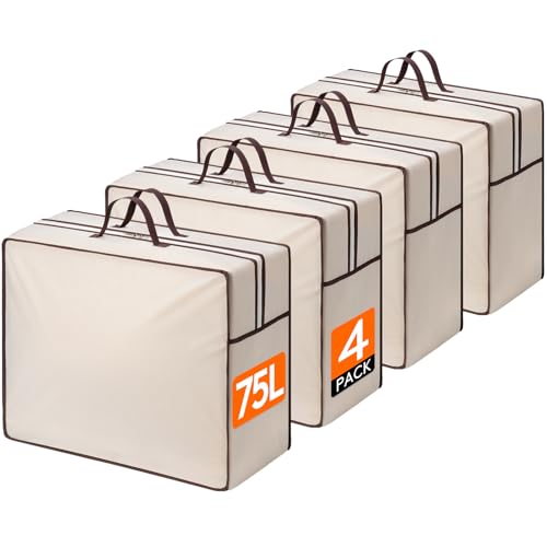 Lifewit 75L Aufbewahrungstaschen mit verstärkten Griffen, 4 Stück - Atmungsaktive XXL Bettdecken-Aufbewahrung mit 2 Reißverschlüssen, für Kissen, Bettwäsche & Decken