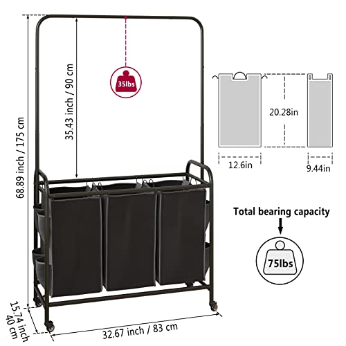 Suoernuo Laundry Sorter 3 Bag Laundry Hamper Cart With Clothes Hanging Bar Rolling Lockable Wheels And Removable Bags For Laundry Room Bathroom Bedroom Clothes Storage, Black #TOP4