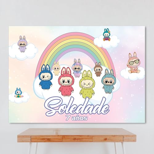 Cartel Personalizado Labubu, 100x80 cm, Pancarta Cumpleaños, Póster Decorativo, Multicolor