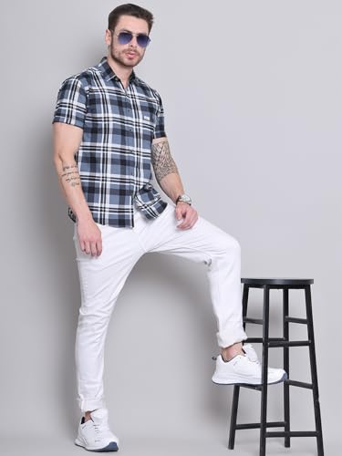 Image of Majestic Man Men Comfort Slim Fit Checked Pure Cotton Half Sleeve Casual Shirt