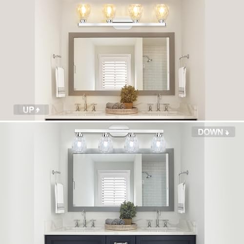 Image of GAOMON 3 Light Bathroom Light Fixtures, Chrome Vanity Light Fixtures Over Mirror Wall Mount Lighting Fixture with Hammered Glass Shade E26 Socket for Hallway Kitchen Bedroom Living Room