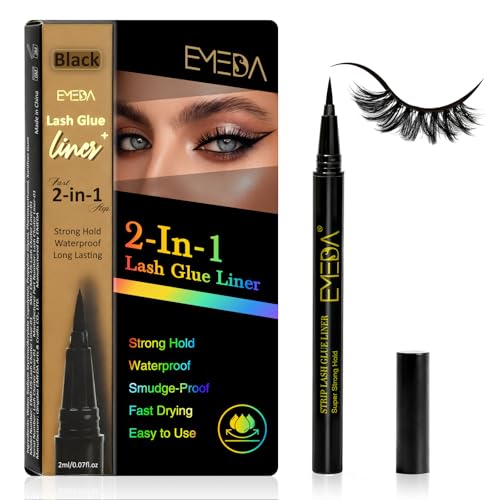 Strip Eyelash Glue Eyeliner Waterproof - 2-in-1 Black Eyelash Glue Pen and Eyeliner, Eyelash Liner for 48H Waterproof Long Lasting for Strip Lashes, 3S Quick Dry Beginner Friendly by EMEDA (01)