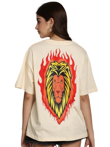 Image of Fabflee Oversized Cotton Baggy Drop Shoulder Graphic Tee with Half Sleeves | Korean Casual Loose T-Shirt for Women