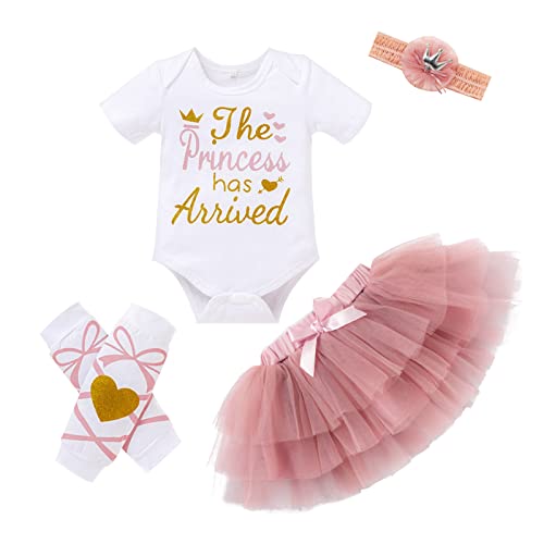 Image of Newborn Baby Girl Outfits Infant Letter Print Romper+Tutu Skirt+Headband+Legging Warmer Coming Home Clothes Set