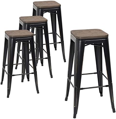 Devoko Metal Bar Stool 30'' Indoor Outdoor Stackable Barstools Modern Industrial Square Wood Top Bar Stools Set of 4 (Black Gold)