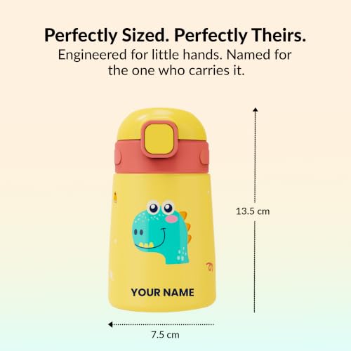 Image of rabitat Milo Personalized Stainless Steel Water Bottle 350ml | 2 Year Brand Warranty | BPA Free | Leakproof Steel Sipper Bottle for Kids | Flip Lock Lid with Straw | Easy Carry Handle Dino Dash