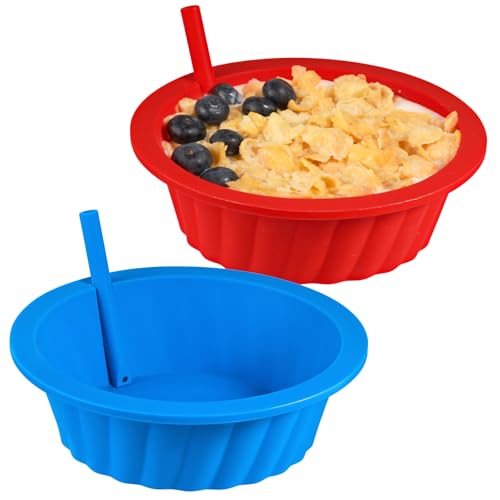 KOLUTI Silicone Cereal Bowls with Straws Set of 2 20oz Breakfast Milk and Snack Serving Container BPA Free Microwave Dishwasher Safe Reusable Salad Meal Bowl