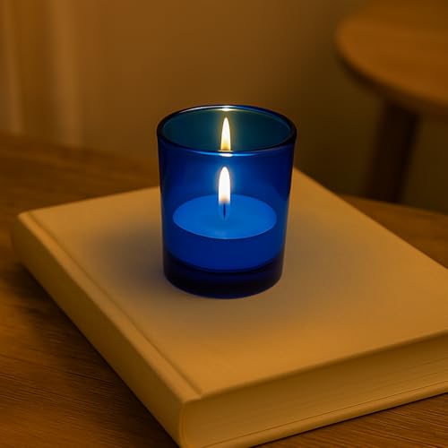 Image of Pure Source India Votive Glass- Pack of 6 | Decorative Tealight Holders with One Tea Light Candles for Home Decor, Diwali Decoration, Weeding Decor & Festive Lighting (Blue)