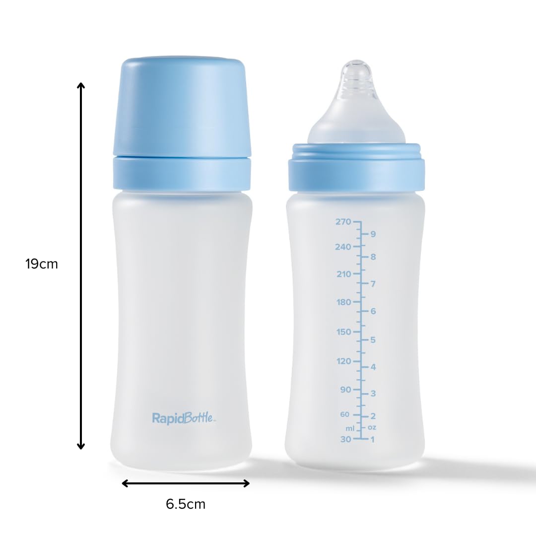 Nuby RapidBottle - Confezione da 2 biberon in vetro anti-coliche, con tettarella in silicone rivestito in silicone, alimentazione rapida, senza microplastiche, sterilizzazione rapida, 255 ml, colore