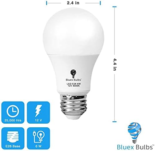 12 Volt Light Bulb 12V LED Bulb A19 6W 4000K Cool White E26 Low Voltage Light Bulbs 570lm (50Watt Equivalent) RV Camper Marine, Solar Battery System Lighting 6 Pack