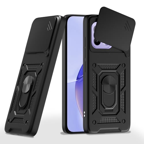 Image of Pikkme Back Cover for Realme 16 Pro 5G | 360 Protection Case | Sliding Camera Shield Cover & Ring Holder Stand D10 Tough Armor Bumper Case (Black)