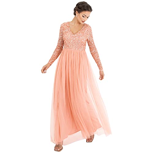 Maya Deluxe Damen Womens Ladies Dress Sleeve for Wedding Guest V Neck High Empire Waist Maxi Long Length Evening Bridesmaid Prom Kleid, apricot, 36