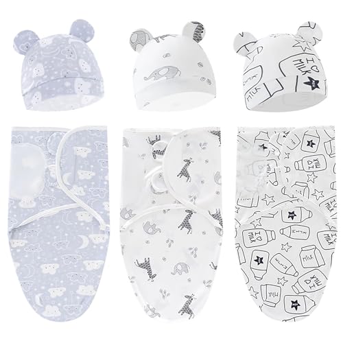 Image of KARAZZO 3-Pack Baby Swaddle Sleep Sacks Baby Swaddle Blanket Wrap for Boys Girls,Babies Swaddle Sack with Hat for 0-3 Months Newborn (D), 50*73cm/19.69*28.75in