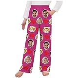 Personalisierte Pyjama Hose Damen Lang Schlafhose Herren Pyjamahose Selbst Gestalten Familien Nachtwäsche mit Gesichts Foto Paare Loungewear Hosen Bedruckt Schlafanzughose Junge Mädchen Pink 170