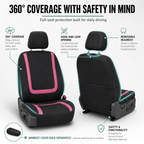 Image of FH Group Car Seat Covers Front Set in Cloth - Car Seat Covers for Low Back Car Seats with Removable Headrest, Universal Fit,Automotive Seat Covers,Washable Car SeatCover for SUV,Sedan,Van Pink