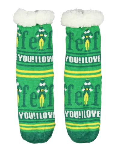 Image of Bioworld Elf Socks I Love You Fair Isle Sweater Knit Faux Shearling Lined Adult No-Slip Slipper Socks for Men and Women