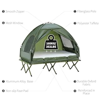 2 Person Camping Cot with Tent & Air Mattress, 4-in-1 Portable Foldable Elevated Bed for Adults, Outdoor Hiking Backpacking, Includes Pump & Bedspread, 76" x 57" Dark Green (76x57)