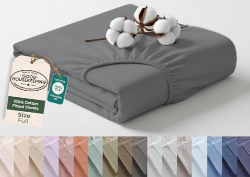 Image of Royale Linens 100% Organic Cotton Full Fitted Sheet Only - Percale Weave - Super Soft Deep Pocket Bottom Sheets - Grey Elastic Sheet - Full Size Fitted Sheets Only - (54 inchx75 inch+15 inch, Grey)