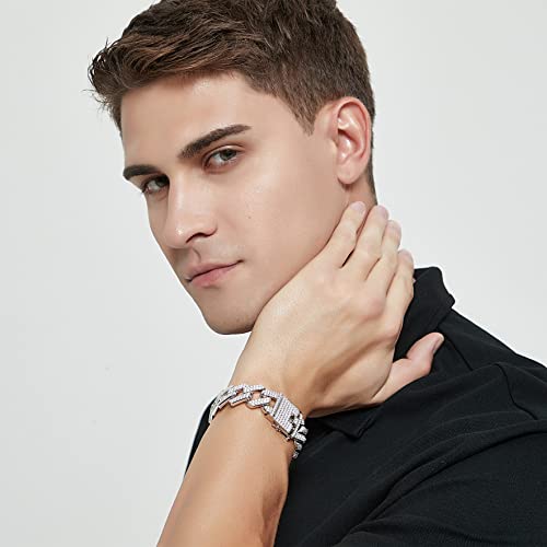 Tianyu Gems 7 Inch Cuban Link Bracelet For Men 20Mm I 15Ctw Def Vvs Moissanite Diamond Silver Iced Out Miami Cuban Link Chain Bracelet With 18K White Gold Plated For Hip Hop Rock Rapper #TOP1