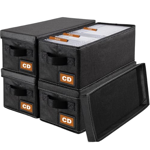 CD Storage Boxes - 4 Pack CD Storage Case - 14.2" x 6.3" x 5.5", Holds 34 CD Cases, Desktop or Closet CD Case Holder, Can Also Store Toys | Papers | Cards | Socks