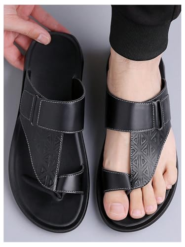 Image of GORGLITTER Men's Leather Sandals Slide Beach Outdoor Round Flip Flops Slip On Slippers