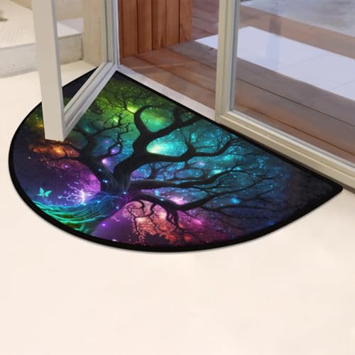 Image of Half Round Doormat Tree of Life Butterfly Non Slip Half Circle Area Rugs Indoor Washable Half Moon Rug Semi Circle Bathroom Runner Mat Entrance Floor Carpet for Kithen Bedroom Fireplace Decor