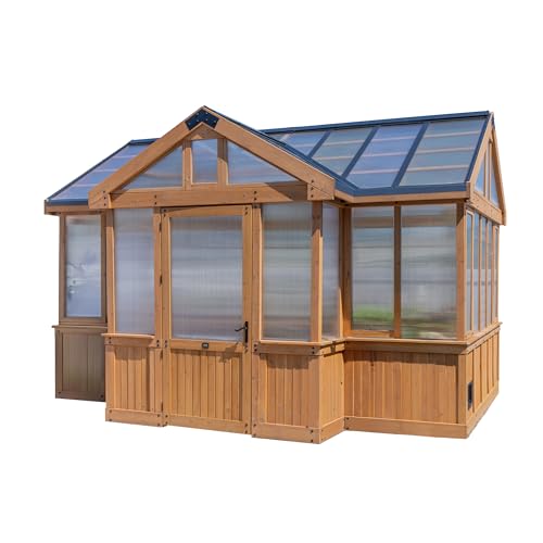 Image of Backyard Discovery Savannah Chalet-Style 14.5' x 12' Cedar and Polycarbonate Walk-In Greenhouse Kit with Sink, Exhaust Fans, Windows, Hose Hook-Ups, PowerPort, Staging Shelves for Year-Round Gardening