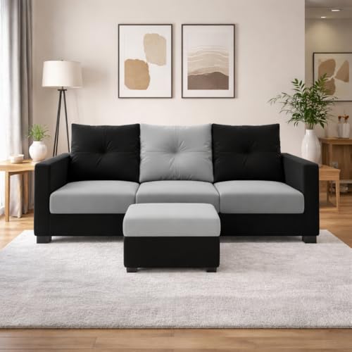 Image of FURNY Amonster 4 Seater L Shape Sofa Set with Movable Ottoman | Flexible Left or Right Layout | Plush Velvet Fabric (Black-Light Grey) | Perfect for Living Room, Guest Room & Office