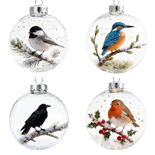Kristall Weihnachtskugeln mit Vogelmotiv, 4 Stück 10 cm...