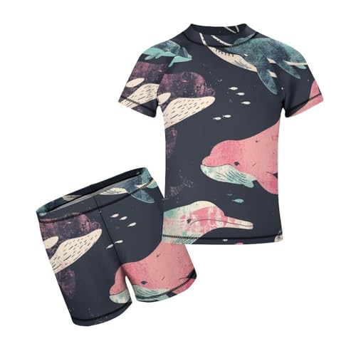 Whales Orcas Narwhals On NavyChildren's Casual Swimsuit Set - Simple and Versatile9-11Y（140cm）
