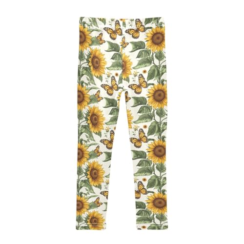 Yellow Sunflower Butterflies Vintage Girls Leggings Ultra Soft Compression Yoga Gym Pants for Kids 4-10T2