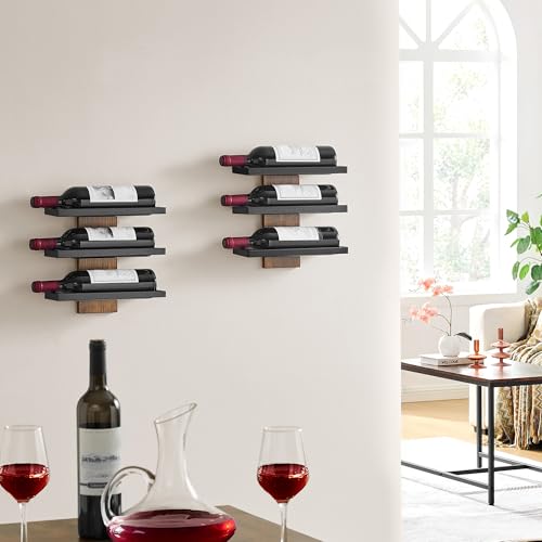 Image of Hoctieon 3-Tier Wall Mount Wine Rack Set (6 Bottles), Wall Mounted Wine Bottle Racks for Display and Storage, Hanging Bottle Holder, for Living Room, Dining Room, Bar, Wine Cellar, Rustic Brown