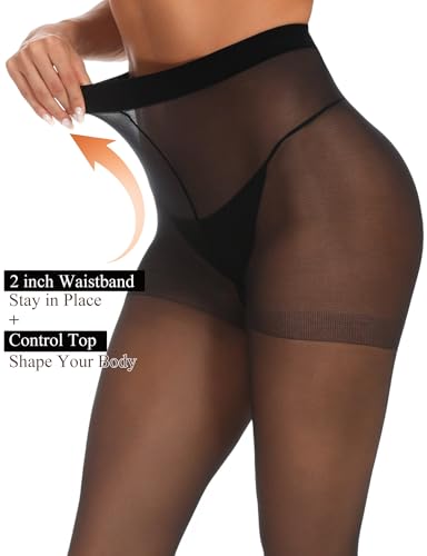 Buauty 2 Pairs Sheer Black Tights for Women -20D High Waist women's Pantyhose,Plus Size Nylon Stockings2