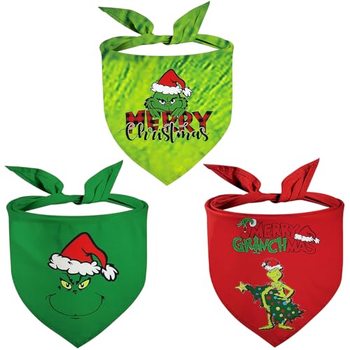 Christmas Dog Bandana 3Pack Grinchs Bandanas Xmas Puppy Triangle Scarf for Boy Girl Dog Costume Cute Pet Bibs Kerchief Holiday Outfit Adjustable Collar for Medium Dogs Cats (Large Grinch Monster)