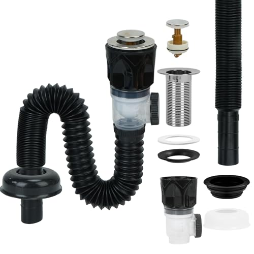 FALSKT Scarico Lavandino Bagno Kit Sifone Lavabo Bagno Antiodore Piletta Lavabo Bagno Tubo Scarico Lavandino Anti Intasamento con Pop-Up Tappi Flessibile Estensibile 230-800mm Nero
