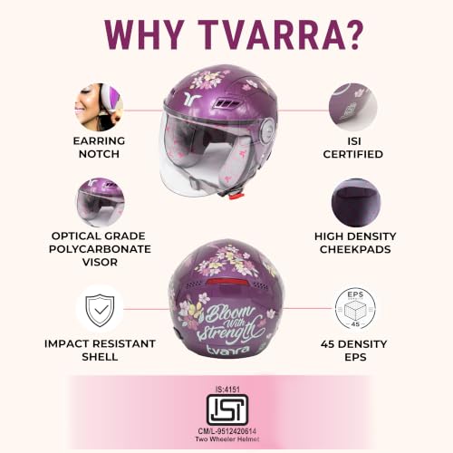 Image of TVARRA Blossom ISI Certified Women's Open Face Helmet Designer Helmet, Lightweight and Rainproof, Crafted for Women, Extreme Comfort Fit with Clear Visor (Violet Orchid, M /L: (56-57) cm)