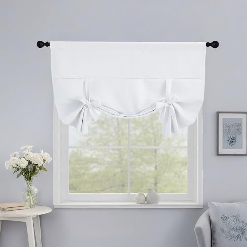 NICETOWN Blackout Roller Shades for Bathroom Windows, Rod Pocket Tie Up Window Shade Light Reducing Curtains for Kitchen, Door Blind Short Curtains, 1 Panel - 46' Wide by 48' Long, Pure White