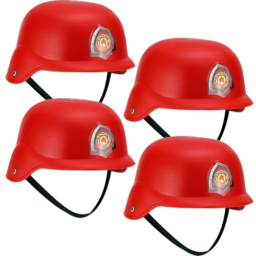 Flotory 4 Pack Kids Firefighter Hat Plastic Fireman Helmet Red Fire Chief Hat Costume Firefighter Party Favors for Boys Girls Cosplay Dress Up Filler Gift