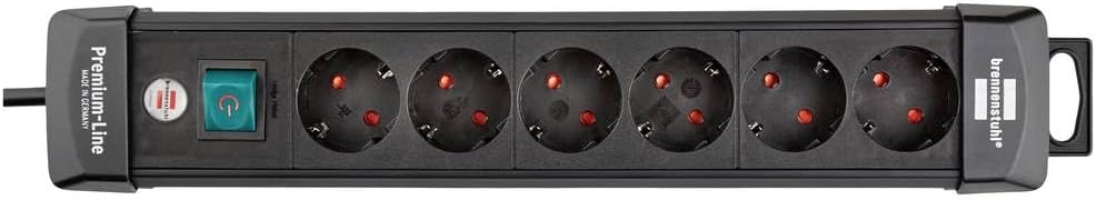 Premium-Line, Steckdosenleiste 6-fach (Steckerleiste mit Schalter und 3m Kabel - 45ยฐ Winkel der Schutzkontakt-Steckdosen, Made in Germany) schwarz
