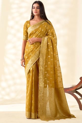 Image of SWORNOF Gold-Toned Woven Design Silk Zari Tissue Saree | Saree for Women | Soft and Skin Friendly