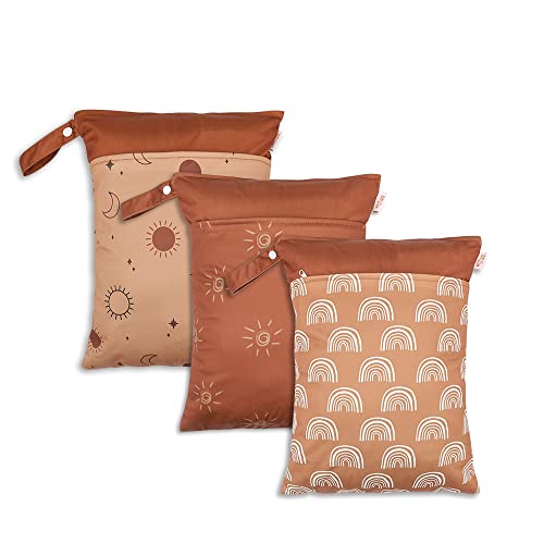 Image of KKTAPOS Wet Dry Bags for Baby Cloth Diapers - Waterproof Reusable Washable Travel Bags, Gym Bag, Pool, Daycare Soiled Baby Items Yoga Gym Bag for Swimsuits & Wet Clothes 3pcs/set (Sun)