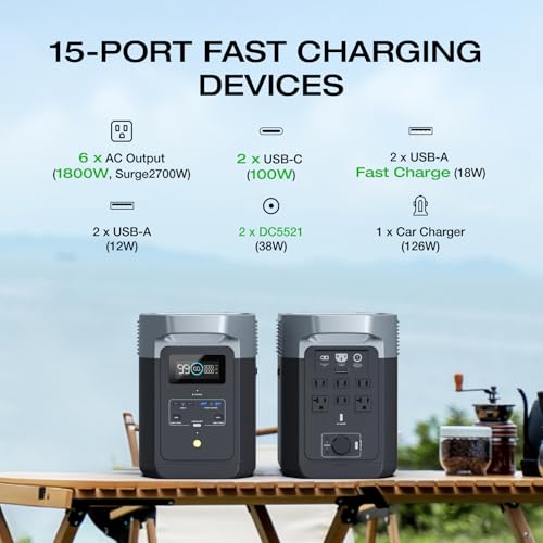 EF ECOFLOW Portable Power Station DELTA 2, 1024Wh LiFePO4 (LFP) Battery, 1800W AC/100W USB-C Output, Solar Generator(Solar Panel Optional) for Home Backup Power, Camping & RVs