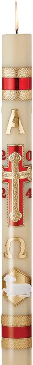 Will & Baumer Hand Crafted Christ The Redeemer Beeswax Paschal Candle with Nails, No 9, Red & Gold