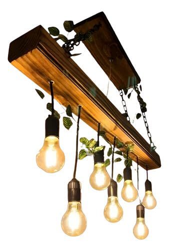 Lustre Luminária Pendente Rústico de Madeira Maciça para 7 Lâmpadas Bivolt – Estilo Industrial