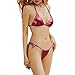 Women's 3 Piece Metallic Triangle Bikini Set Sexy Tie Side Thong Swimsuit with Drawstring Mini Skirt Festival Outfit (Red,Medium)