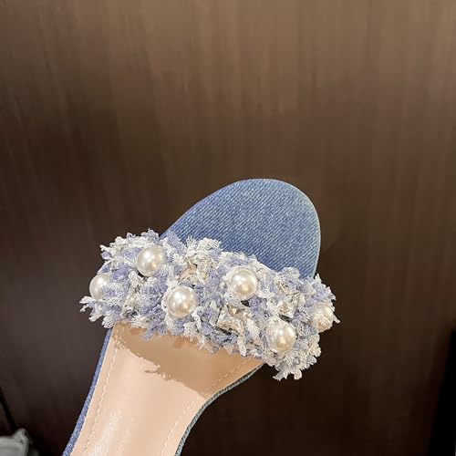 WENOREG Women's Rhinestones Pearl Open Toe Ankle Strap Stiletto Sandals,Summer Adjustable Ankle Strap Denim High Heels Bride Wedding Party Dress Shoes3