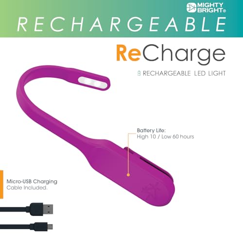 Image of The Original Mighty Bright Recharge Clip On Rechargeable Book Light Reading Light, Warm Eye Care LEDs, Flexible, Durable, Dimmable, Perfect for Kids, Bookworms, Reading in Bed, Lasts 60 Hours (Purple)